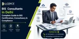 Promotional graphic for DILIGENCE Certifications advertising expert BIS Consultants in Delhi, offering complete guidance on BIS certification, product testing, and legal compliance.