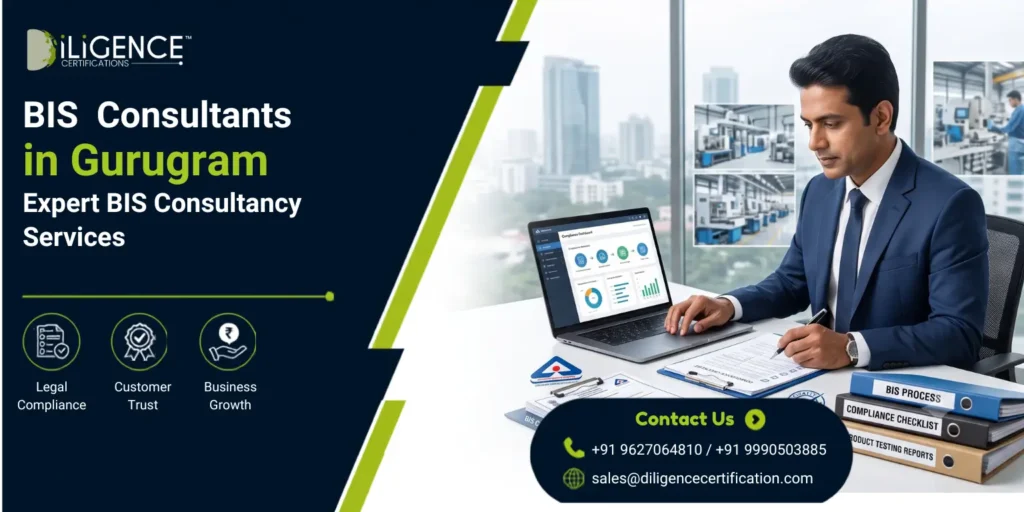 Banner for iLIGENCE Certifications advertising expert BIS consultancy services in Gurugram, featuring a professional reviewing compliance documents alongside icons highlighting legal compliance, customer trust, and business growth.