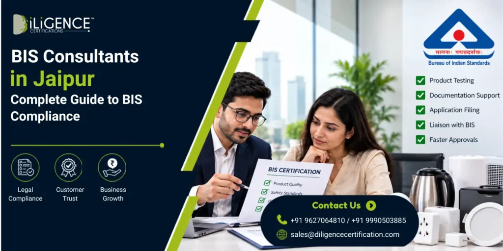 BIS consultants in Jaipur helping a business with BIS certification, documentation, application filing and product testing. Promotional banner featuring two consultants, BIS compliance checklist, kitchen appliances and contact details for Diligence Certifications.