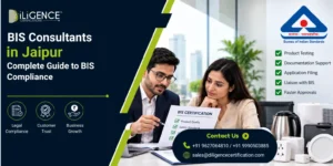 BIS consultants in Jaipur helping a business with BIS certification, documentation, application filing and product testing. Promotional banner featuring two consultants, BIS compliance checklist, kitchen appliances and contact details for Diligence Certifications.