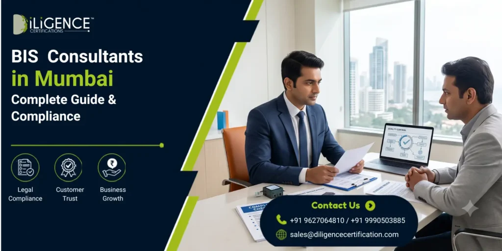 Promotional graphic for iLigence Certifications advertising BIS Consultants in Mumbai for legal compliance, customer trust, and business growth, featuring two businessmen reviewing documents in a modern office.