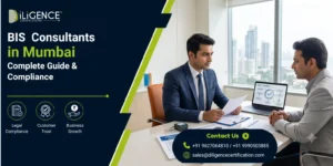 Promotional graphic for iLigence Certifications advertising BIS Consultants in Mumbai for legal compliance, customer trust, and business growth, featuring two businessmen reviewing documents in a modern office.