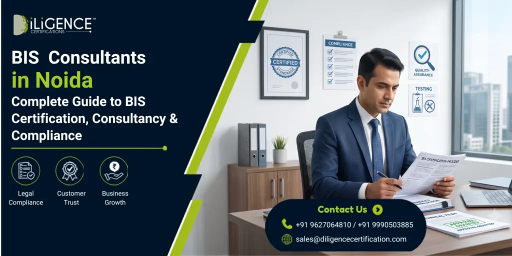 Promotional banner for iLIGENCE Certifications titled "BIS Consultants in Noida: Complete Guide to BIS Consultancy, Certification & Compliance," showing two professionals reviewing documents in an office, alongside icons for legal compliance, customer trust, and business growth,