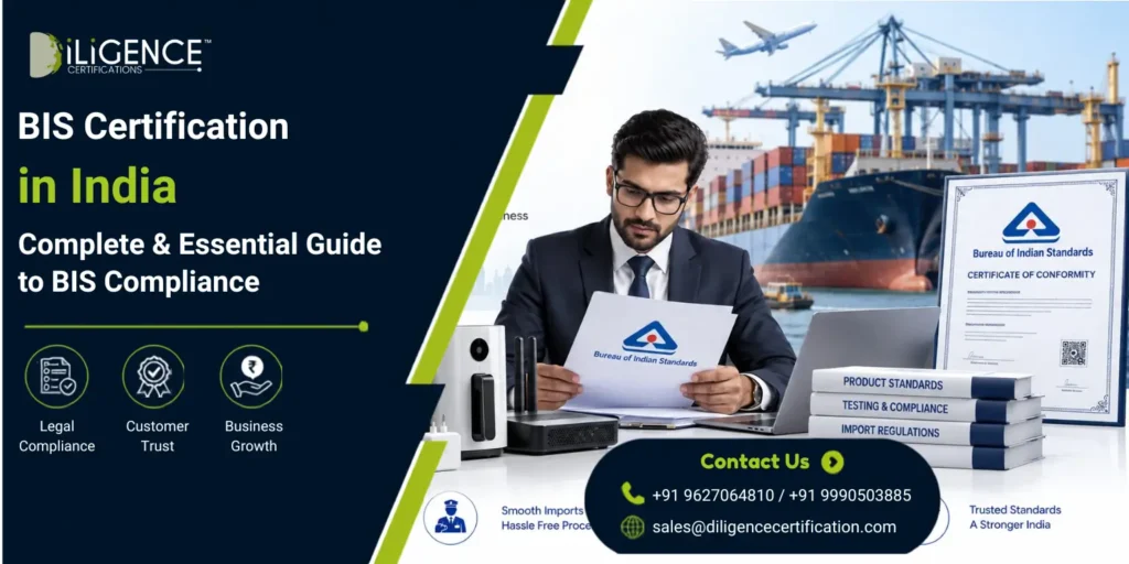 BIS Certification in India featuring an importer reviewing BIS compliance documents at a shipping port with imported goods and certification materials.