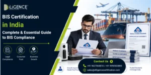 BIS Certification in India featuring an importer reviewing BIS compliance documents at a shipping port with imported goods and certification materials.