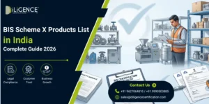 A promotional banner for Diligence Certifications titled 'BIS Scheme X Products List in India Complete Guide 2026.' The left side has a dark blue background showing three icons for Legal Compliance, Customer Trust, and Business Growth