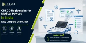 "An advertisement by Diligence Certifications for a 2026 guide on CDSCO registration for medical devices in India, featuring a medical ultrasound machine, approval icons, and company contact details."