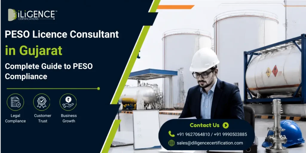 Corporate banner for a PESO Licence Consultant in Gujarat featuring an industrial petroleum facility, storage tanks, safety equipment, and a consultant reviewing compliance documents.