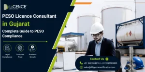Corporate banner for a PESO Licence Consultant in Gujarat featuring an industrial petroleum facility, storage tanks, safety equipment, and a consultant reviewing compliance documents.