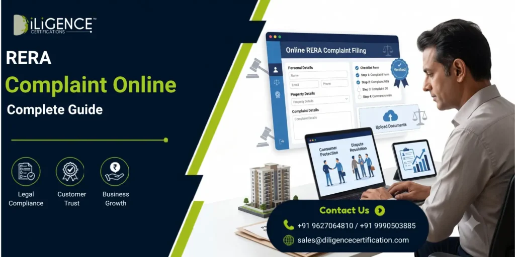 A promotional banner by iLigence Certifications offering a complete guide for filing RERA complaints online. It illustrates a man using a laptop to submit a form, accompanied by the company's contact details