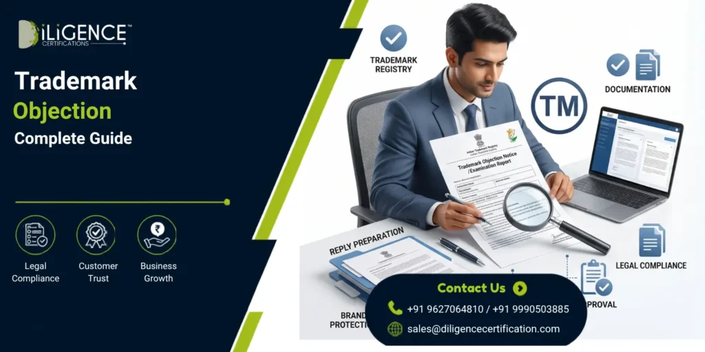 A comprehensive visual guide by iLIGENCE detailing How to Apply for Trademark Objection. A professional reviews an examination report surrounded by icons for documentation and legal compliance.