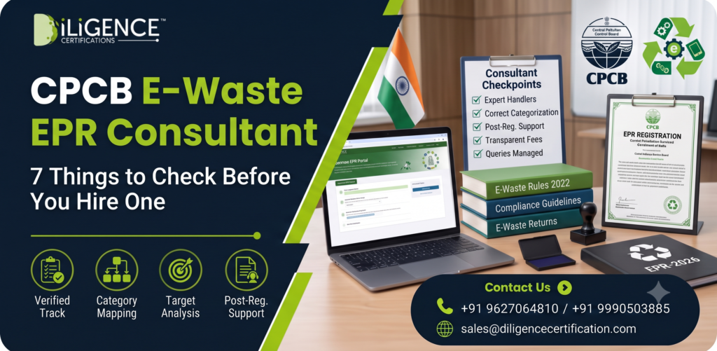 CPCB E-Waste EPR Consultant compliance guide banner showing checklist, portal interface, and Diligence Certifications contact details.