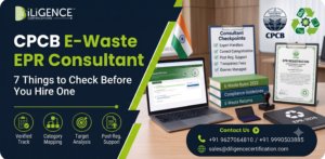 CPCB E-Waste EPR Consultant compliance guide banner showing checklist, portal interface, and Diligence Certifications contact details.